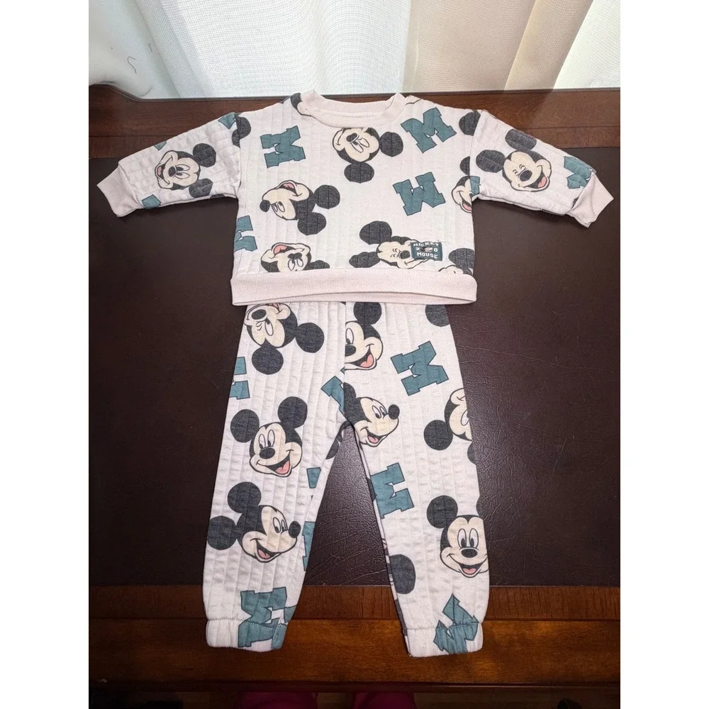 Disney Baby Mickey Mouse Quilted Sweatshirt and Jogger Set Cream Teal 12M